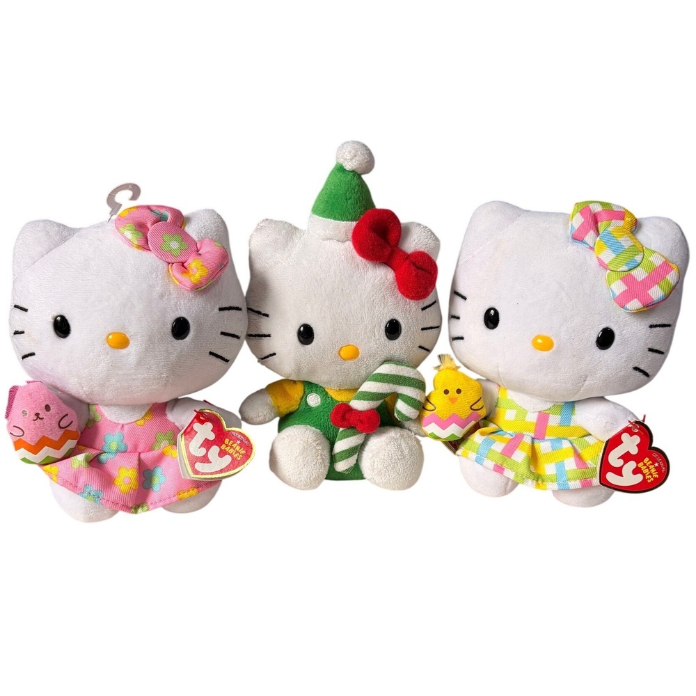 NWT Ty Beanie Babies Hello Kitty Plush Lot Christmas Easter Plaid Sanrio 3pc Set